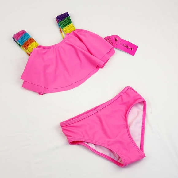 Betsey Johnson Pink Crochet Strap 2 Piece Swimsuit